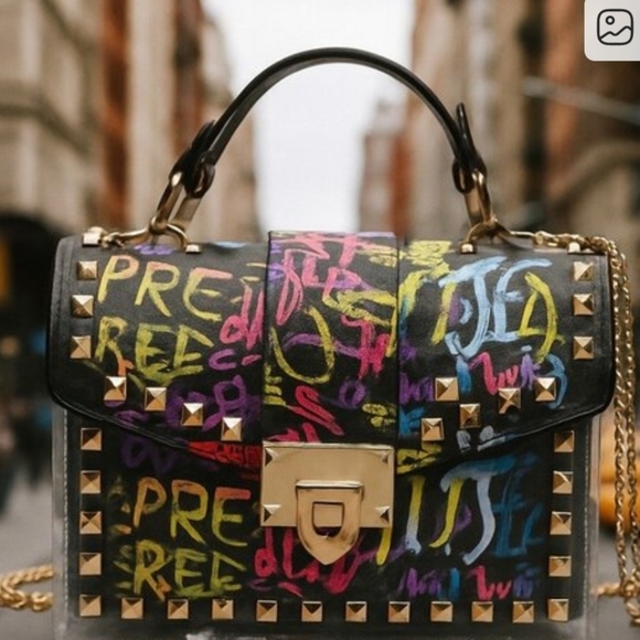 Graffiti Print Clear 2pc Crossbody Clutch w/Studs & Removable Zippered Pouch NEW - Picture 2 of 6